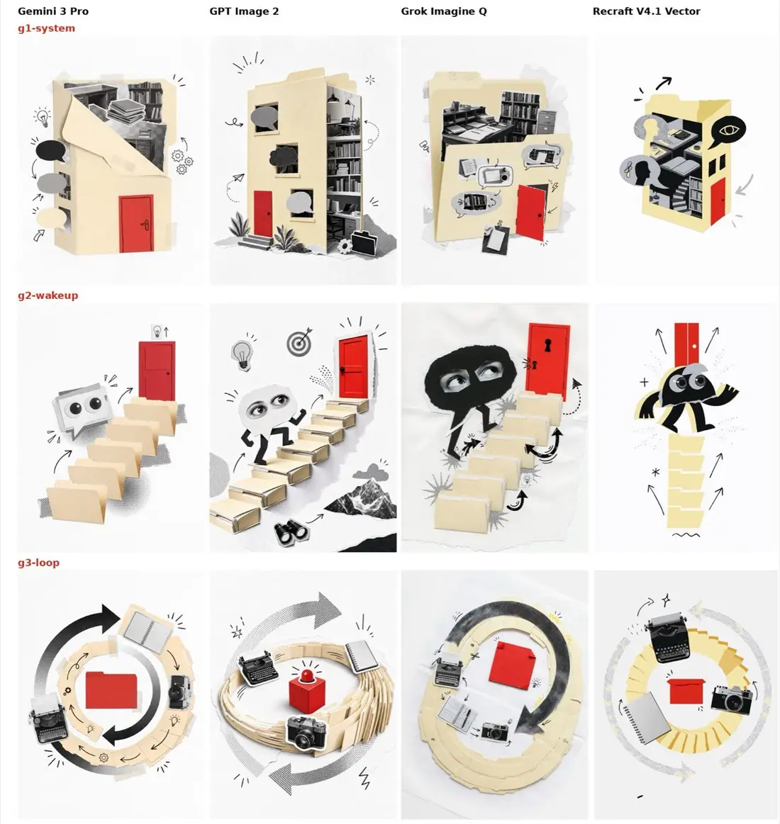 The cut-paper collage style from four AI image models.