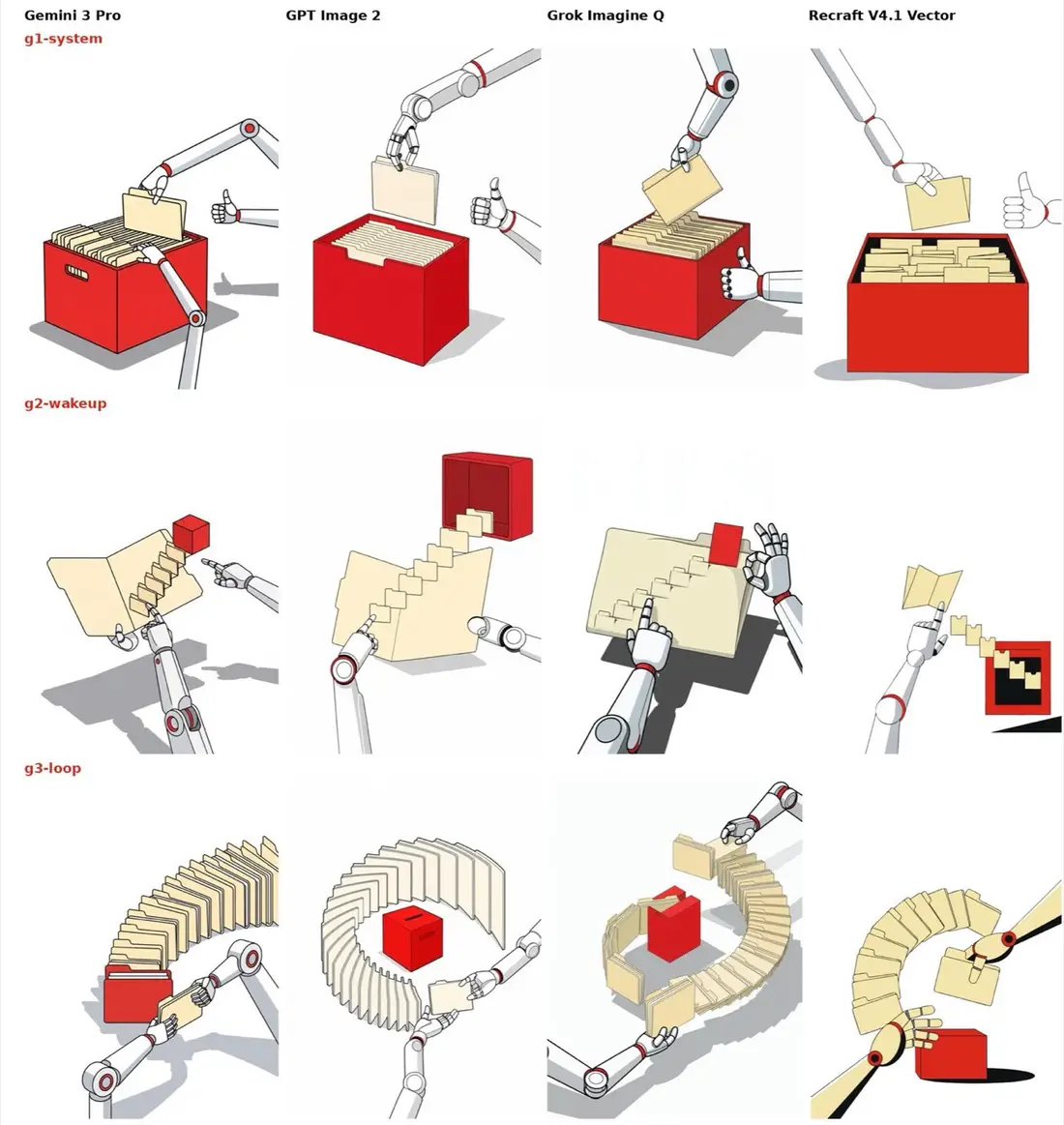 The minimalist robot arms style from four AI image models.