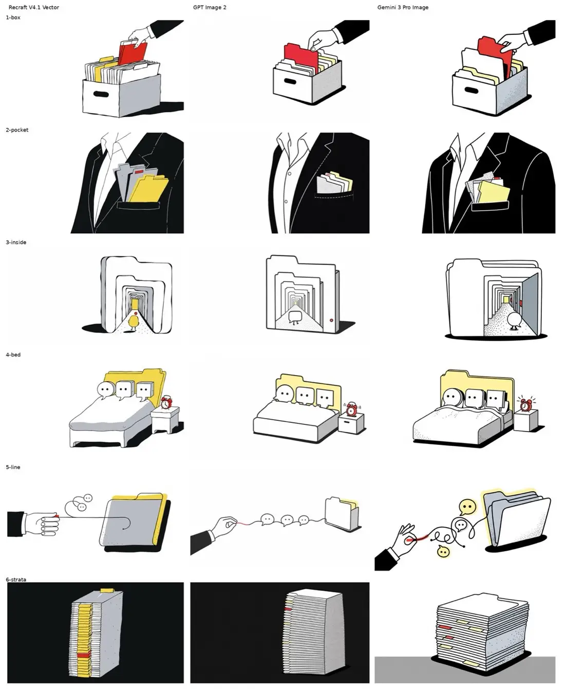 Round one: six concepts from three AI image models.